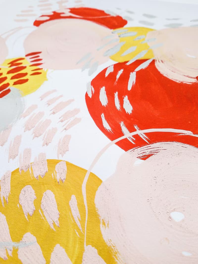 Red yellow pink gray blushes abstract wall art original painting gouache artwork