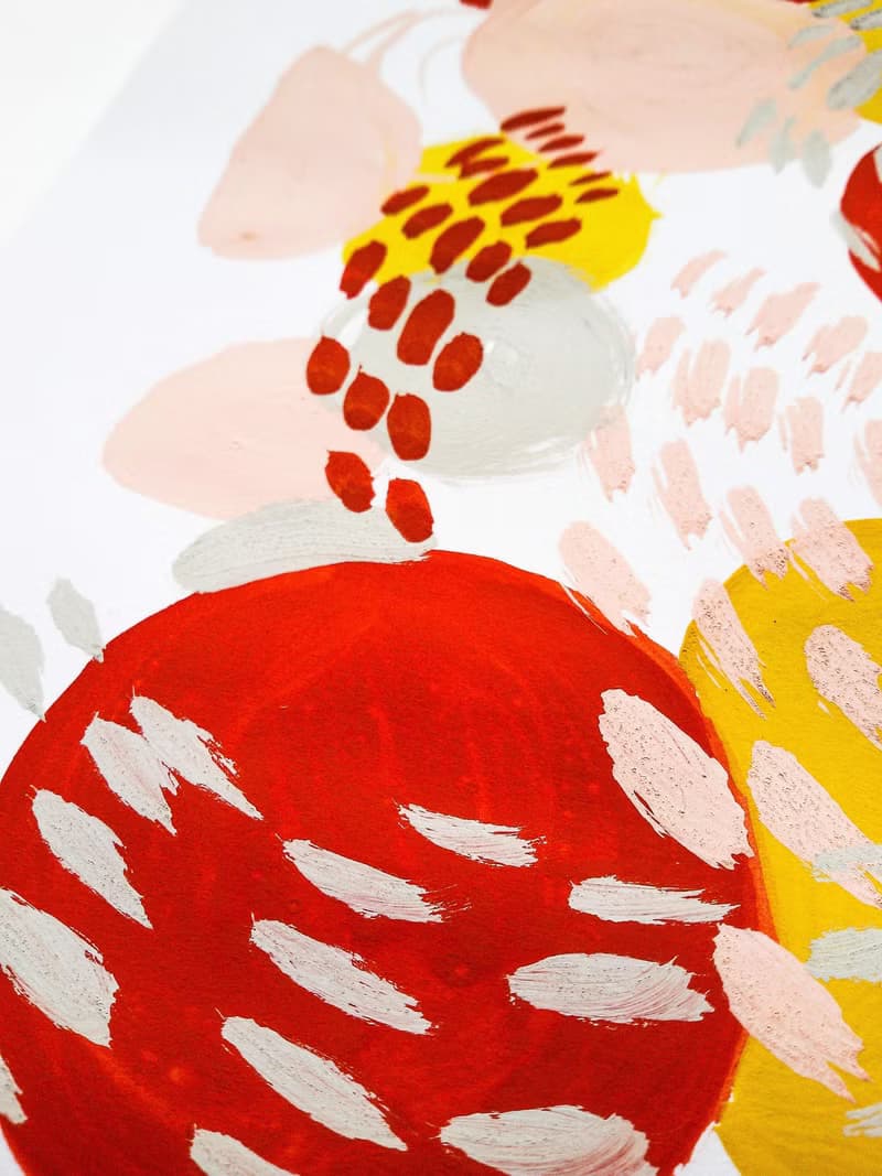 Red yellow pink gray blushes abstract wall art original painting gouache artwork
