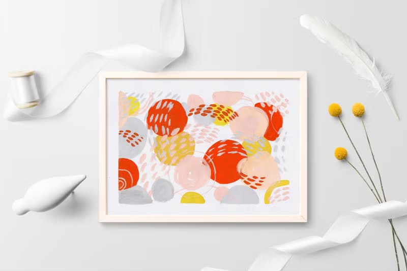Red yellow pink gray blushes abstract wall art original painting gouache artwork