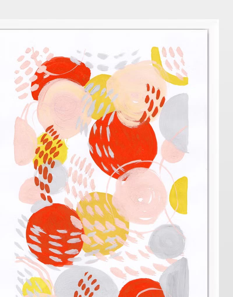 Red yellow pink gray blushes abstract wall art original painting gouache artwork