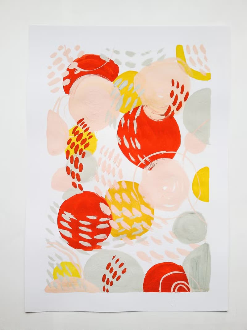 Red yellow pink gray blushes abstract wall art original painting gouache artwork