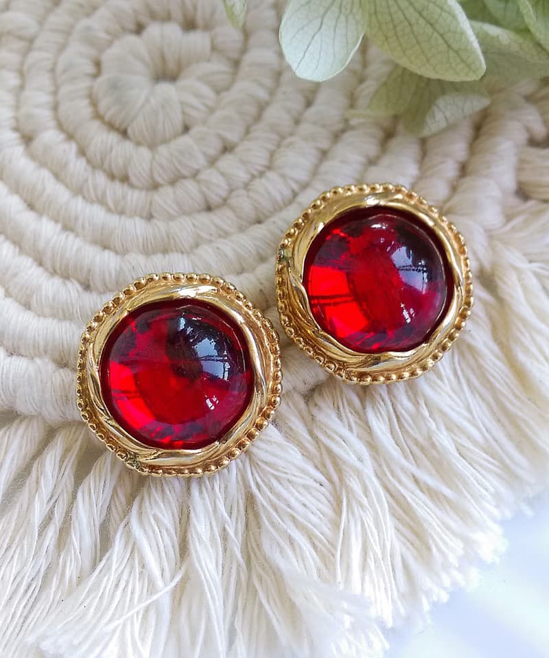 Vintage Jewelry 西洋古董飾品 SWAROVSKI 開窗紅玻璃 針式耳環