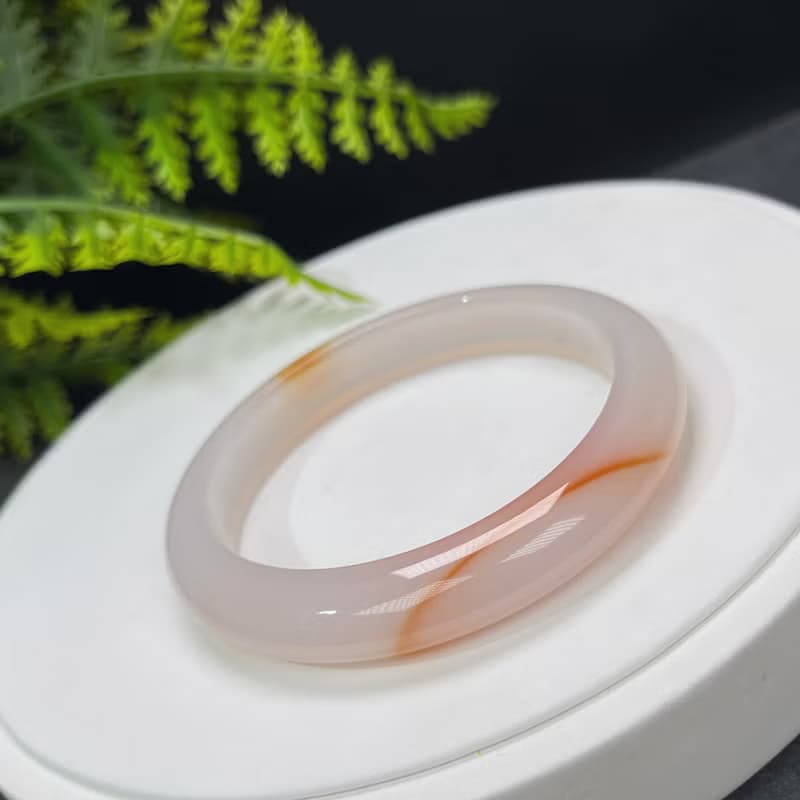 精品 溏心瑪瑙手镯 58+MM 冰潤粉白飄橘天眼 玉髓手環 身心和諧