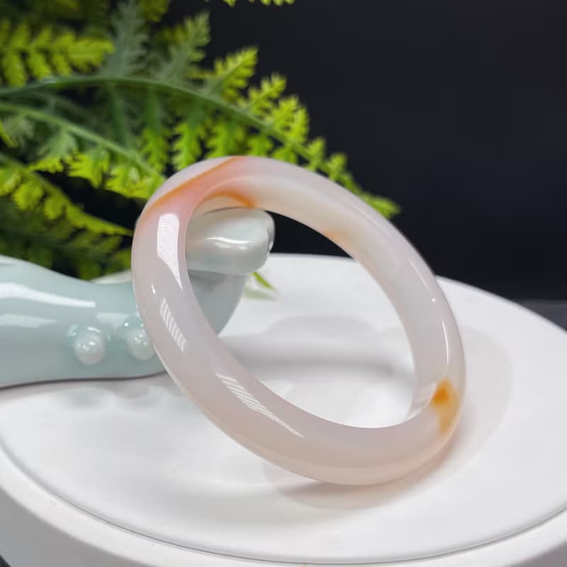 精品 溏心瑪瑙手镯 58+MM 冰潤粉白飄橘天眼 玉髓手環 身心和諧
