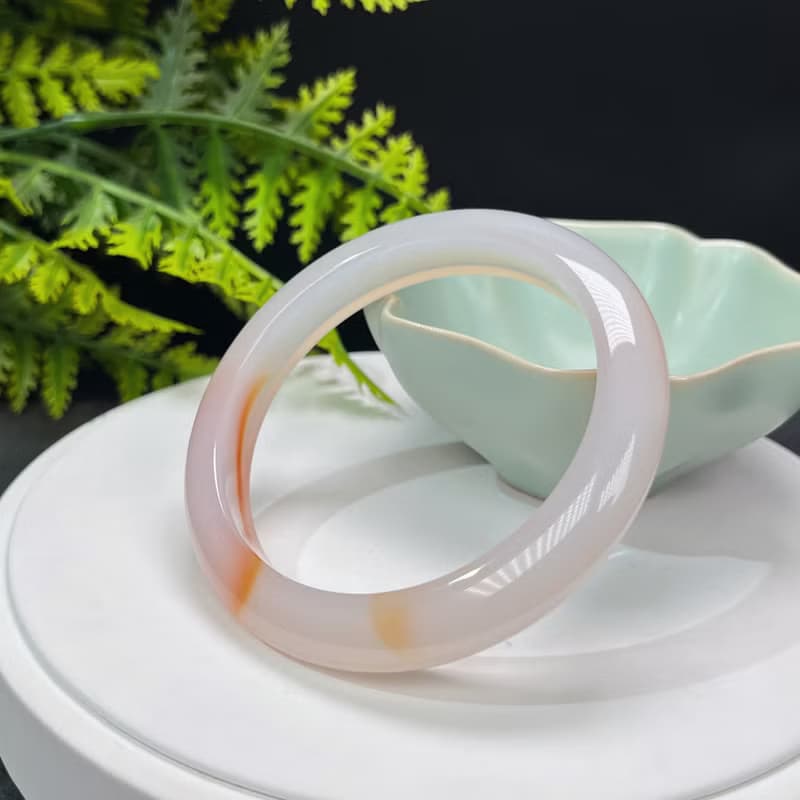 精品 溏心瑪瑙手镯 58+MM 冰潤粉白飄橘天眼 玉髓手環 身心和諧