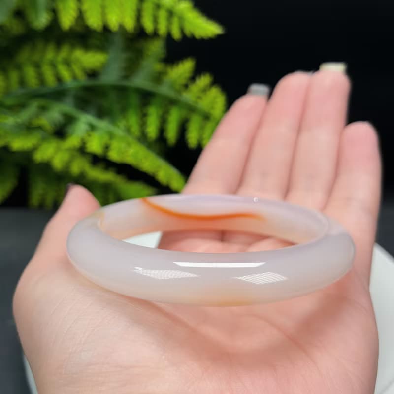 精品 溏心瑪瑙手镯 58+MM 冰潤粉白飄橘天眼 玉髓手環 身心和諧