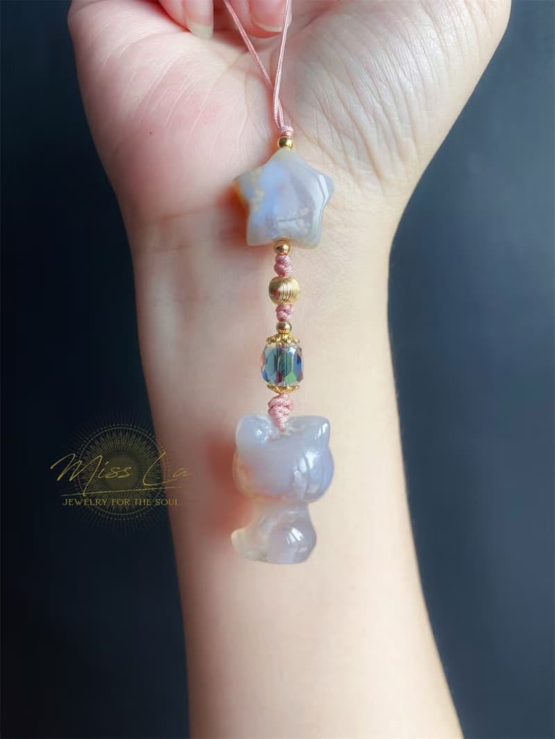 櫻花瑪瑙 貓 星星 可愛 萌 手機鍊 吊飾 天然石 禮物 包掛