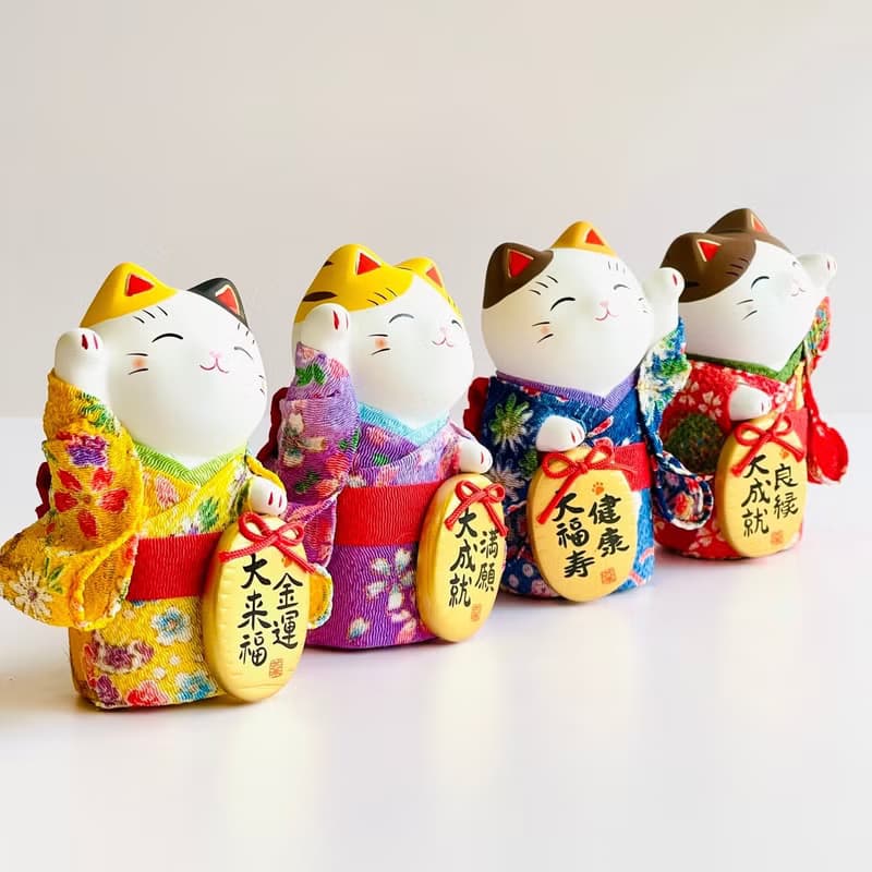 【開運祝福】瀨戶燒-和服綿彩小判招財貓-良緣/健康/滿願/金運