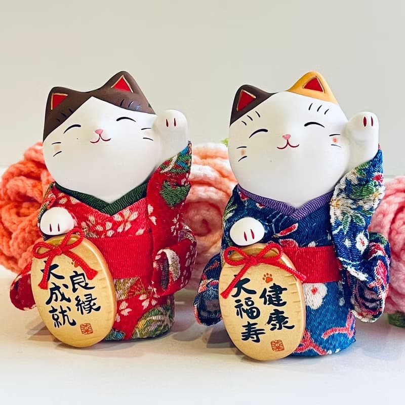 【開運祝福】瀨戶燒-和服綿彩小判招財貓-良緣/健康/滿願/金運