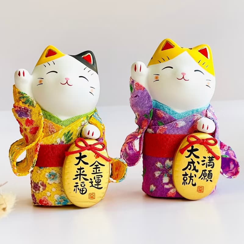 【開運祝福】瀨戶燒-和服綿彩小判招財貓-良緣/健康/滿願/金運