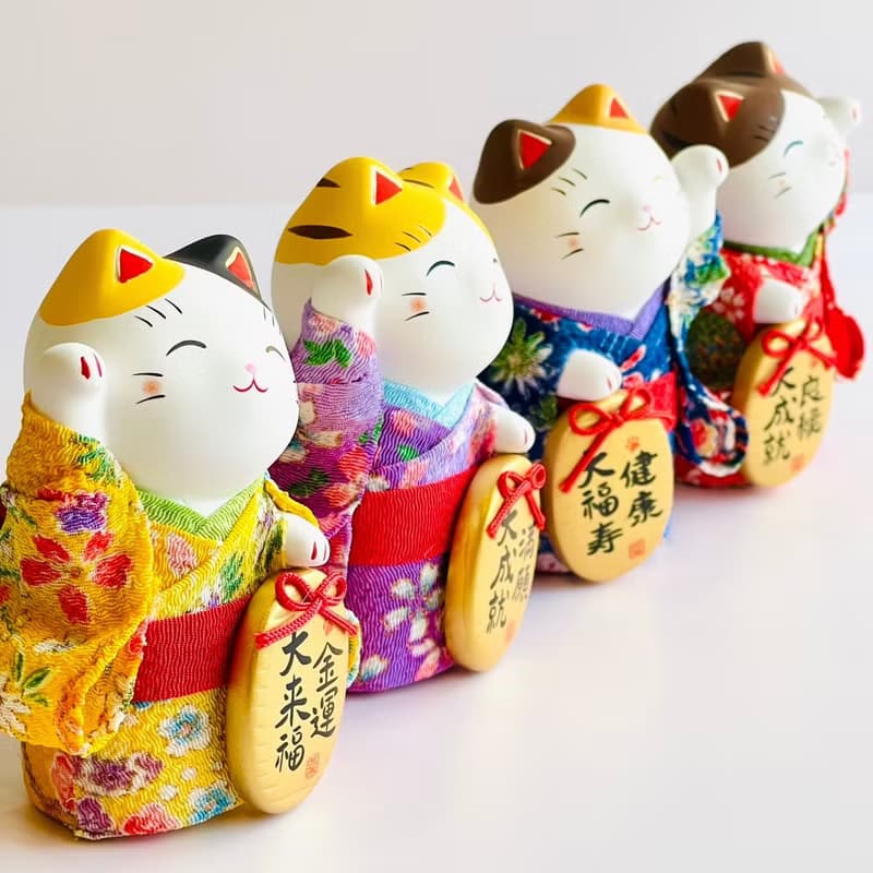 【開運祝福】瀨戶燒-和服綿彩小判招財貓-良緣/健康/滿願/金運