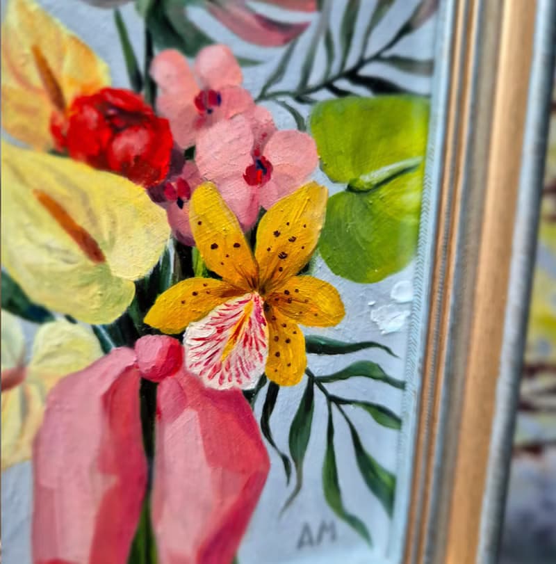 Small original cute bouquet of artwork hand painted oil painting framed _013
