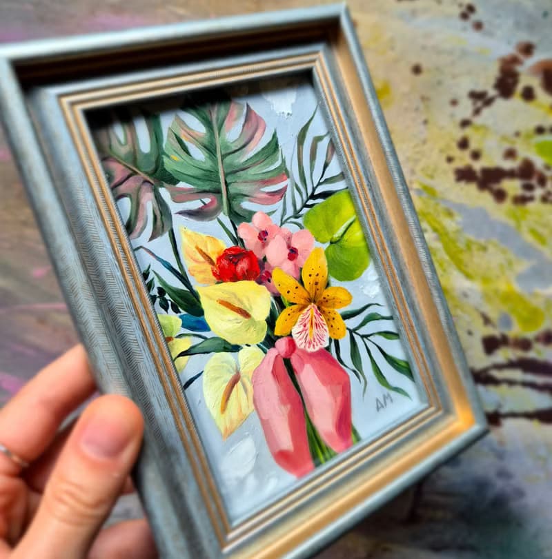 Small original cute bouquet of artwork hand painted oil painting framed _013