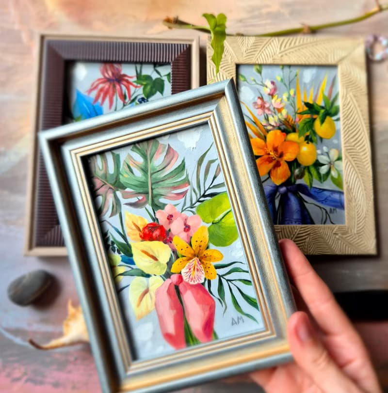 Small original cute bouquet of artwork hand painted oil painting framed _013