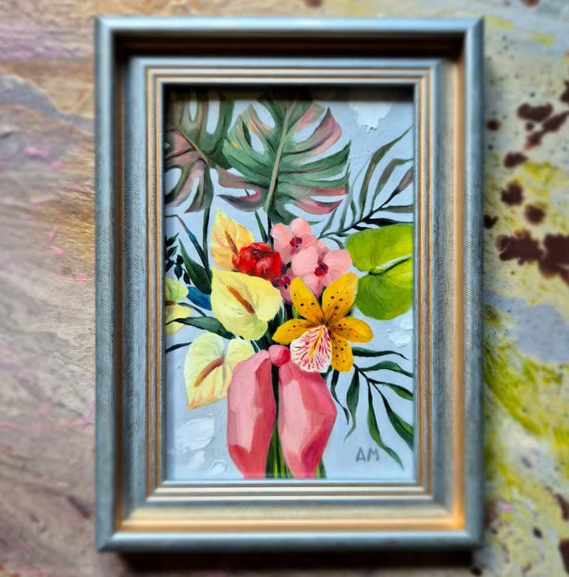 Small original cute bouquet of artwork hand painted oil painting framed _013