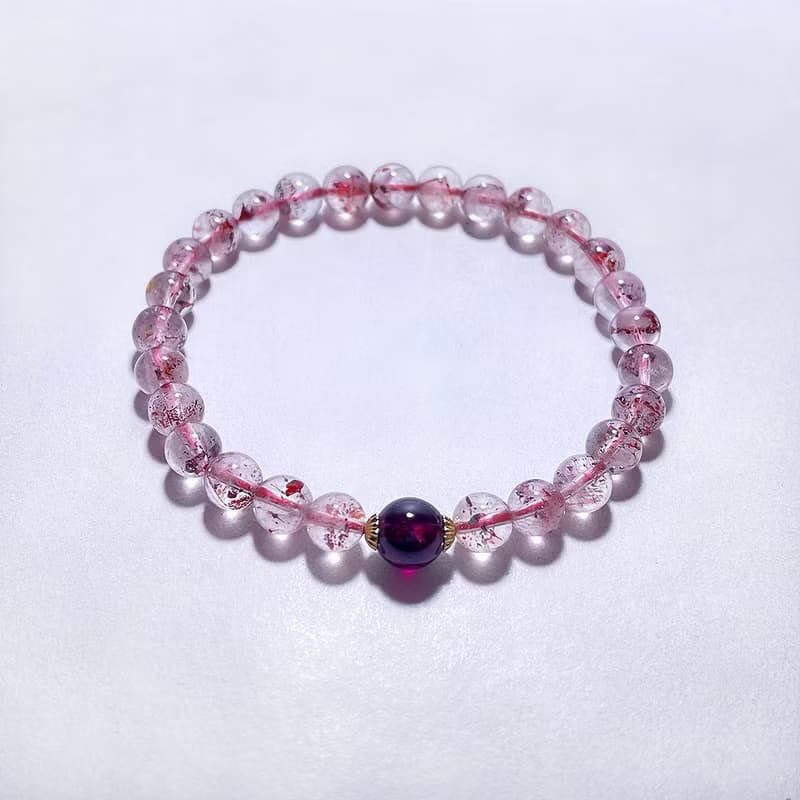 天然礦石 超七金草莓 6 mm 頂級紫牙烏 手鍊