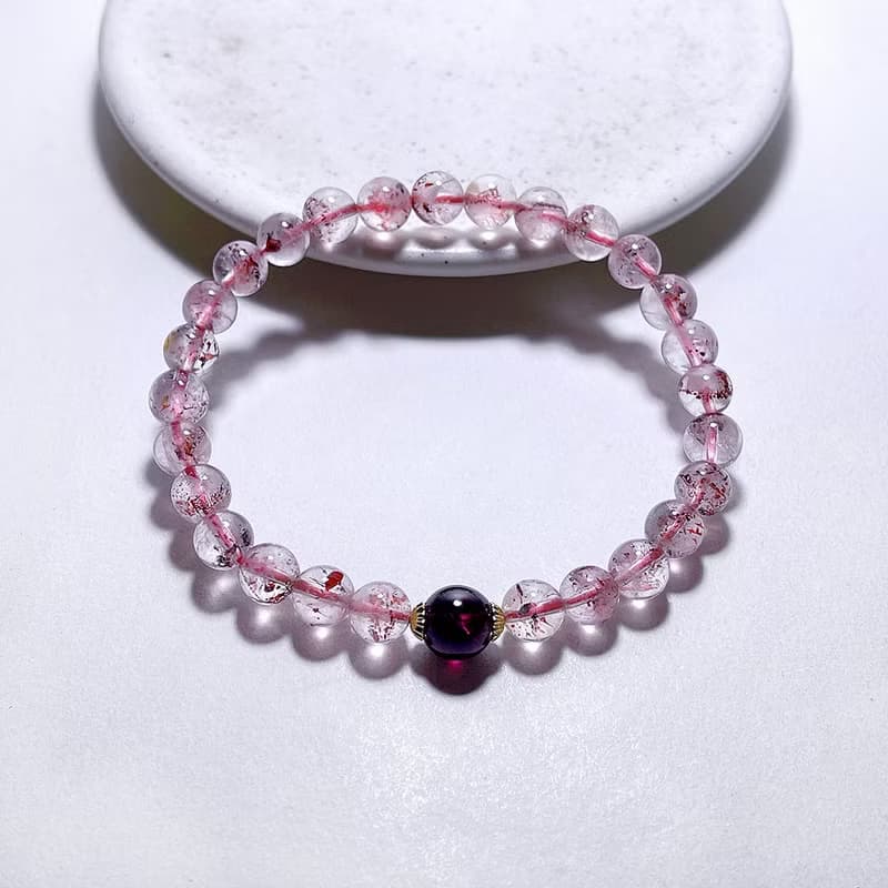 天然礦石 超七金草莓 6 mm 頂級紫牙烏 手鍊