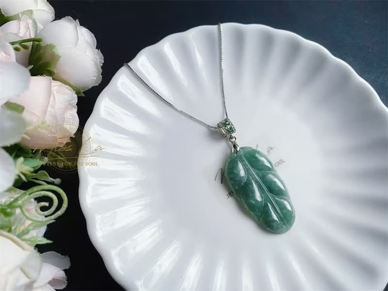 天然緬甸玉翡翠 豆綠雪花棉 葉子 金枝玉葉 項鍊 s925 玉石 禮物
