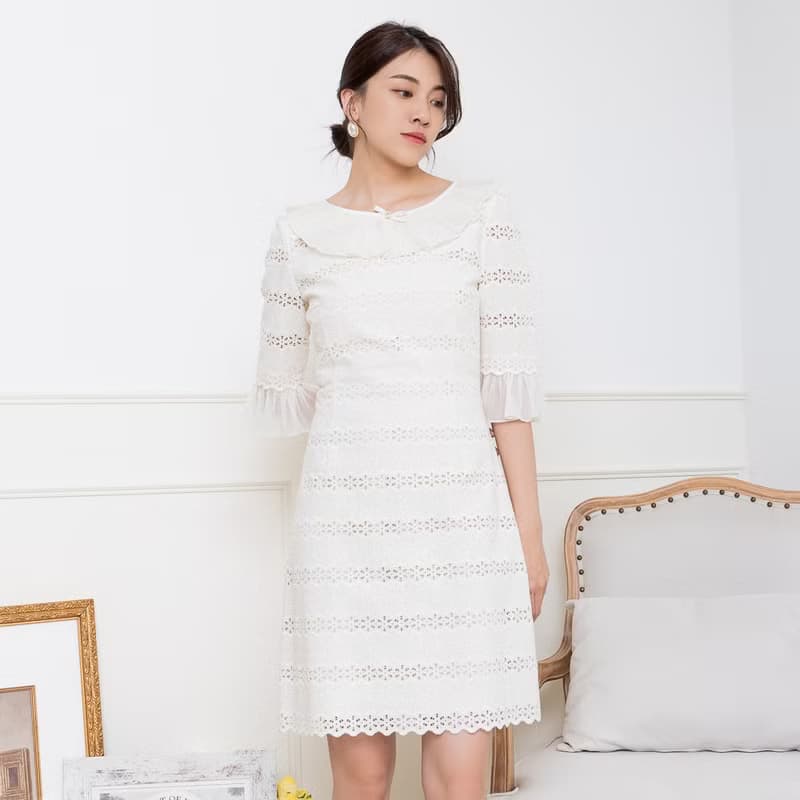 【MEDUSA】燒花蕾絲壓褶領米白小禮服(M-XL) | 禮服洋裝 媽媽禮服