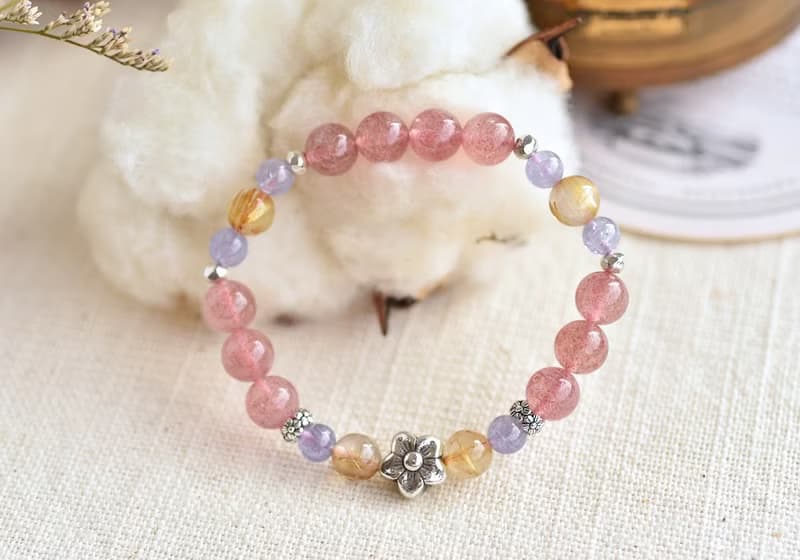 草莓晶+丹泉石+鈦晶+花朵純銀水晶手鍊