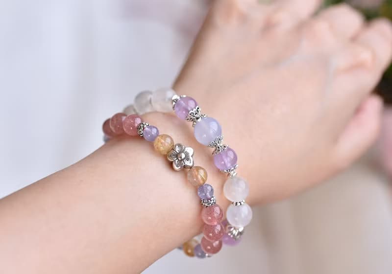 草莓晶+丹泉石+鈦晶+花朵純銀水晶手鍊