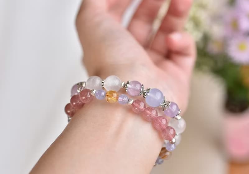草莓晶+丹泉石+鈦晶+花朵純銀水晶手鍊