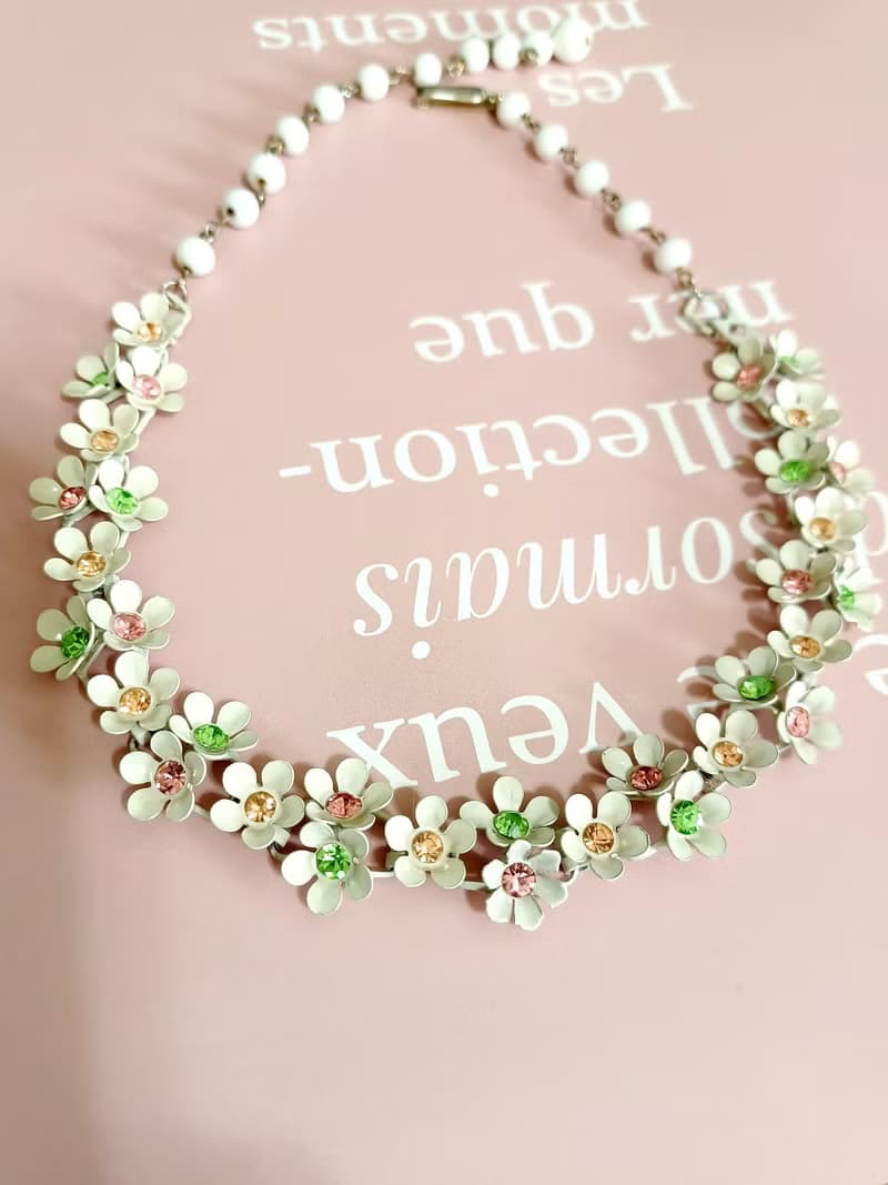 vintage jewelry 古董白琺瑯繽紛小雛菊萊茵項鍊