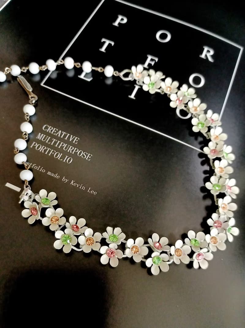 vintage jewelry 古董白琺瑯繽紛小雛菊萊茵項鍊
