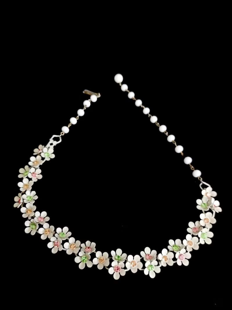 vintage jewelry 古董白琺瑯繽紛小雛菊萊茵項鍊