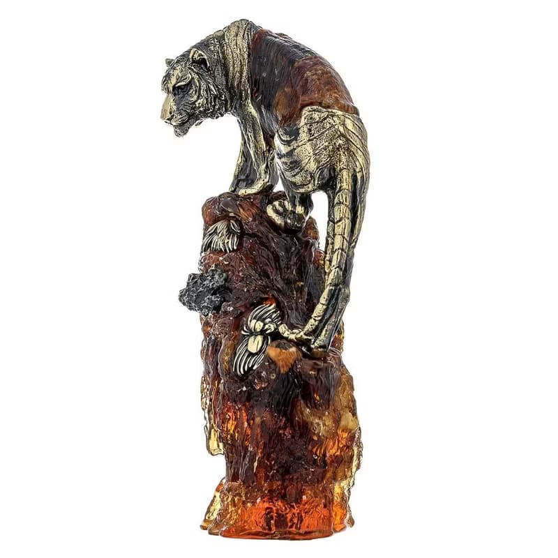 Amber sculpture Tiger on a rock,Amber Bronze Tiger,Handmade Amber Tiger