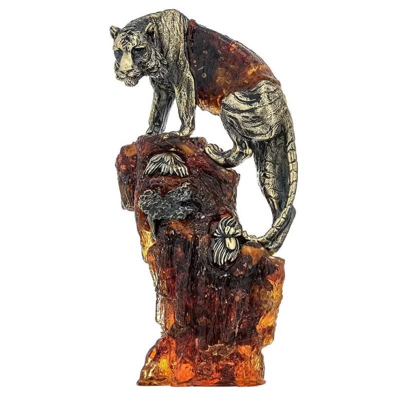Amber sculpture Tiger on a rock,Amber Bronze Tiger,Handmade Amber Tiger