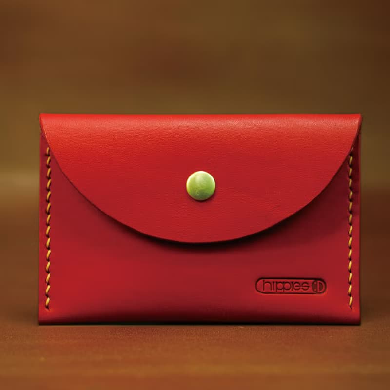 隨手名片夾/零錢包-圓 真皮手縫 (紅色)