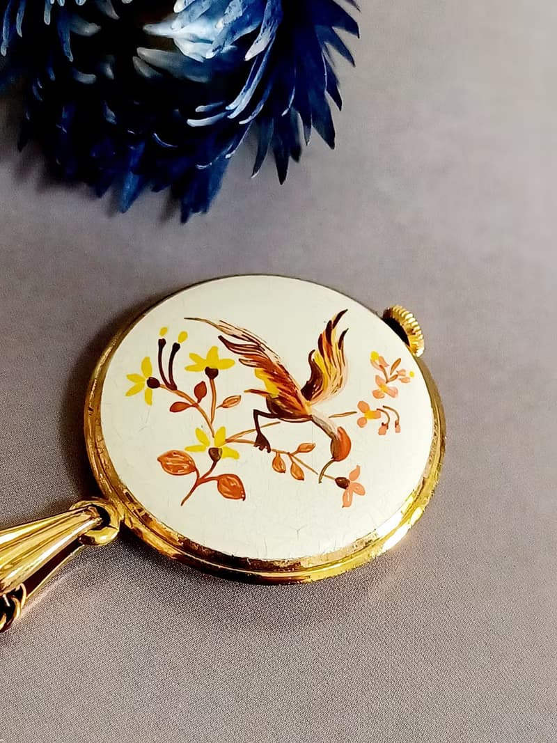 vintage jewelry PACINE 白琺瑯花鳥機械錶  項鍊 1880元