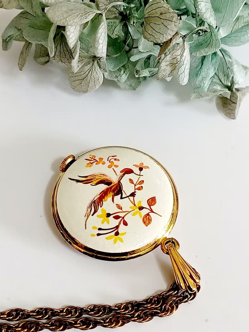 vintage jewelry PACINE 白琺瑯花鳥機械錶  項鍊 1880元