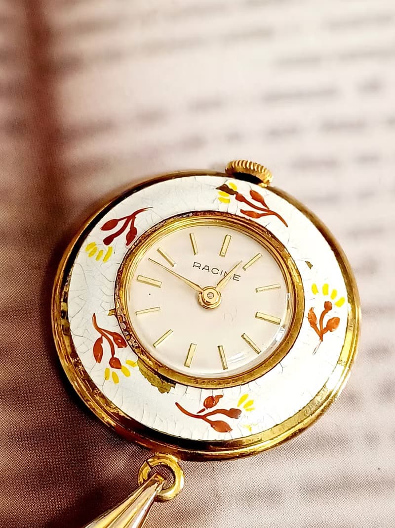 vintage jewelry PACINE 白琺瑯花鳥機械錶  項鍊 1880元