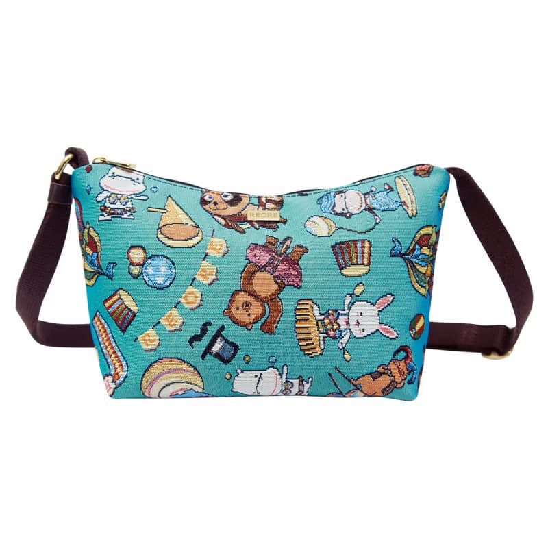 元寶斜背包 防潑水 平織緹花 開心馬戲團(藍綠)