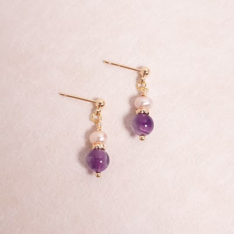 紫色系簡約水晶耳環│紫水晶 珍珠 可改夾