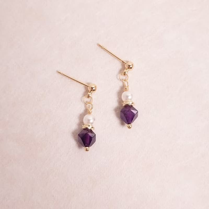 紫色系簡約水晶耳環│紫水晶 珍珠 可改夾
