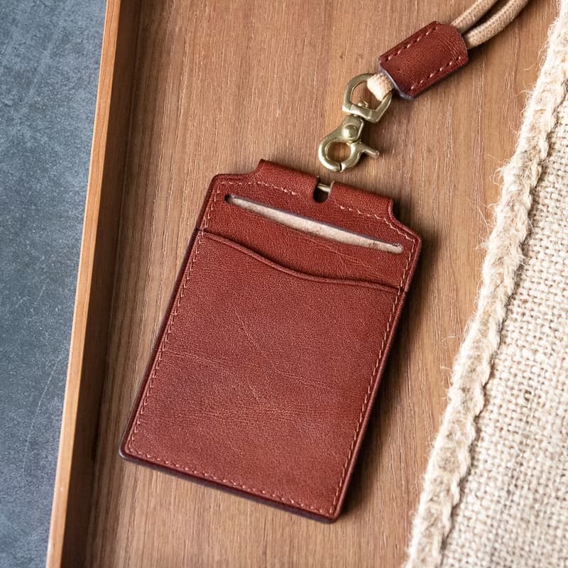 植物鞣手工皮革證件套 附頸繩 干邑色 id card holder