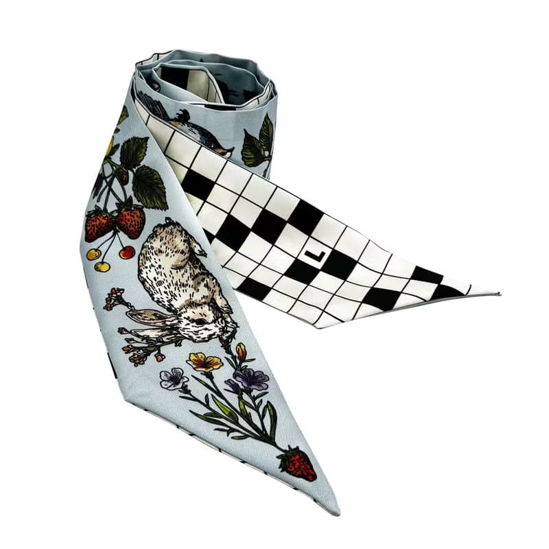 100%桑蠶絲真絲窄領巾/絲巾/飄帶/包柄帶/髮帶::兔子天鵝松鼠棋盤