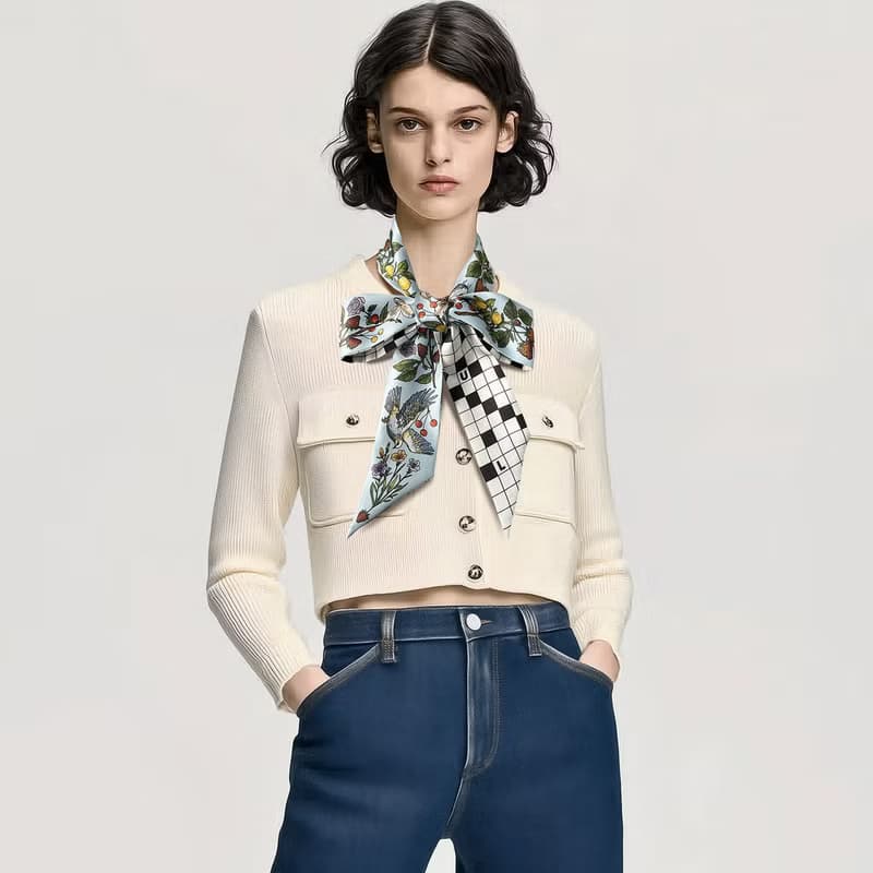 100%桑蠶絲真絲窄領巾/絲巾/飄帶/包柄帶/髮帶::兔子天鵝松鼠棋盤