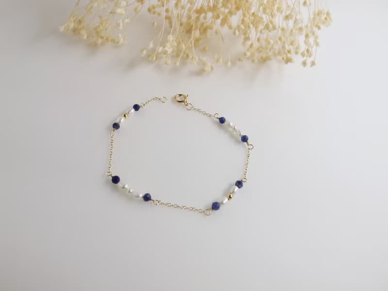 【手鍊】 方鈉石 14K 注金 包金 珍珠手鍊