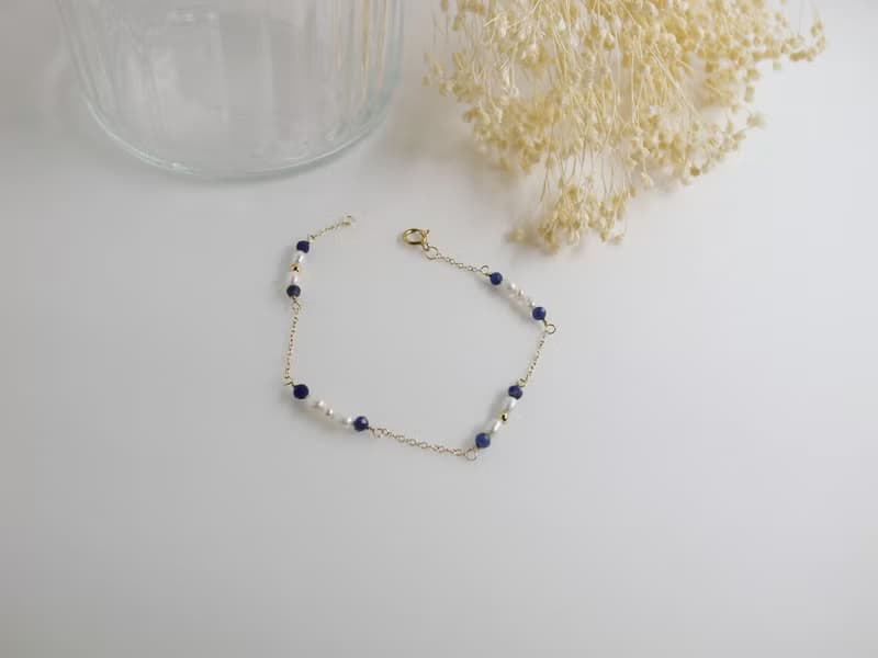 【手鍊】 方鈉石 14K 注金 包金 珍珠手鍊