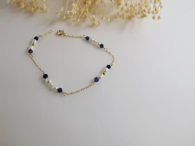 【手鍊】 方鈉石 14K 注金 包金 珍珠手鍊