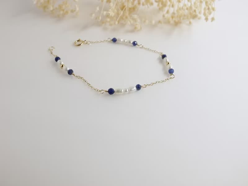 【手鍊】 方鈉石 14K 注金 包金 珍珠手鍊