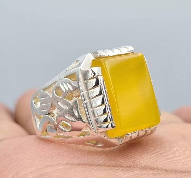 Natural Yellow Yemeni Aqeeq Ring Beautiful Handmade Aqiq Akik Hakik Bague ring