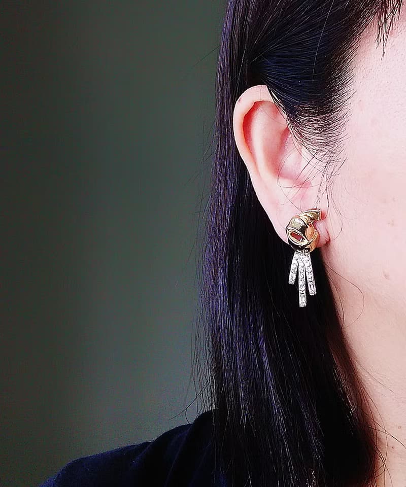 vintage jewelry 立體繩結風格吊墜萊茵 夾式耳環