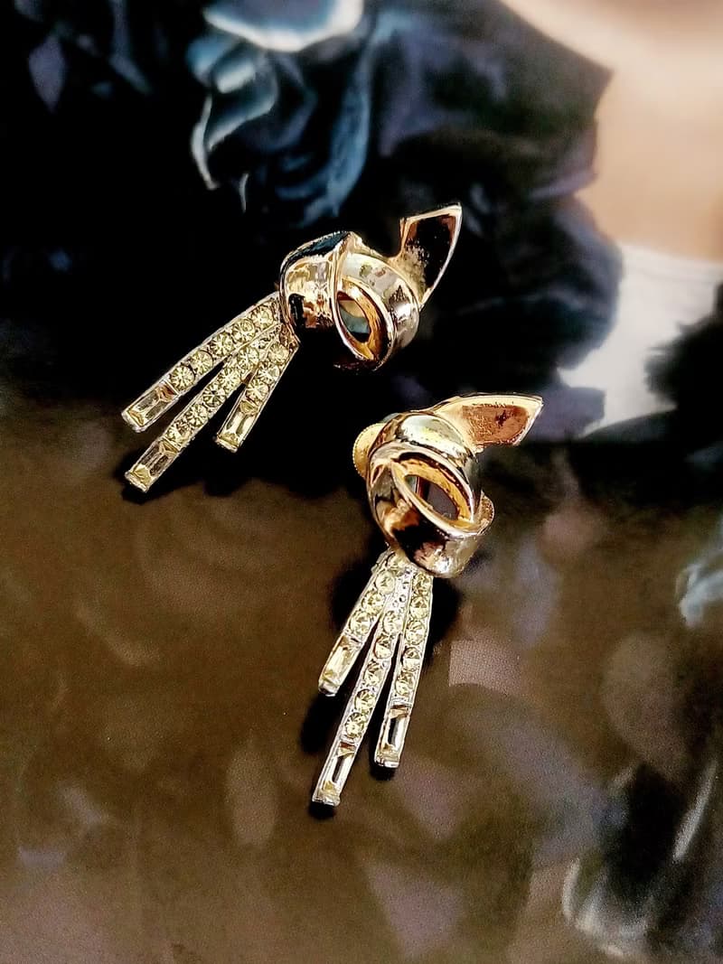 vintage jewelry 立體繩結風格吊墜萊茵 夾式耳環