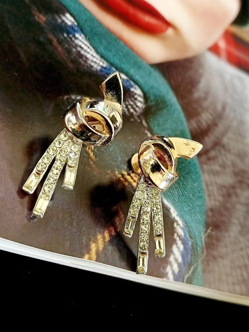 vintage jewelry 立體繩結風格吊墜萊茵 夾式耳環