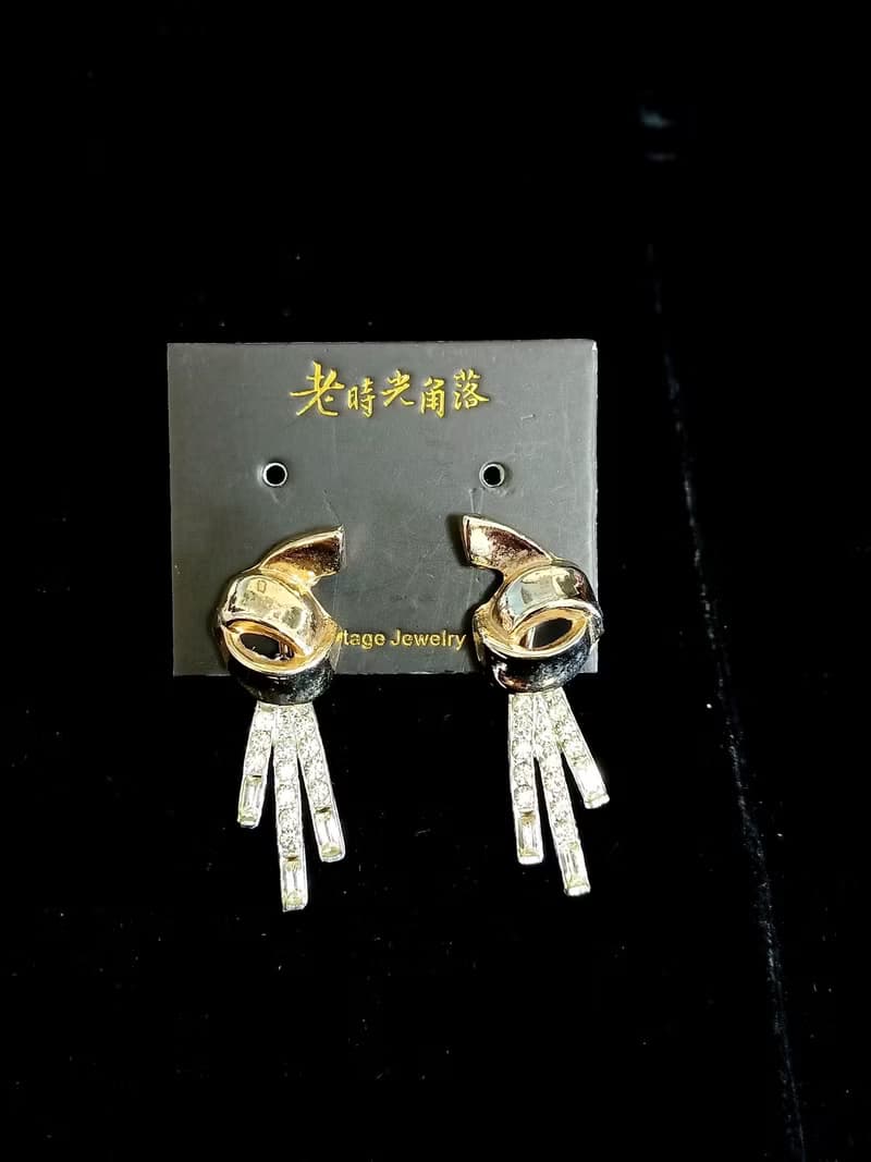 vintage jewelry 立體繩結風格吊墜萊茵 夾式耳環